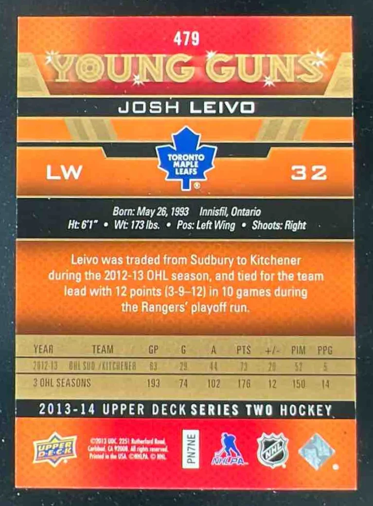 2013-14 Upper Deck UD Exclusives #479 Josh Leivo Young Guns RC /100 - Image 2