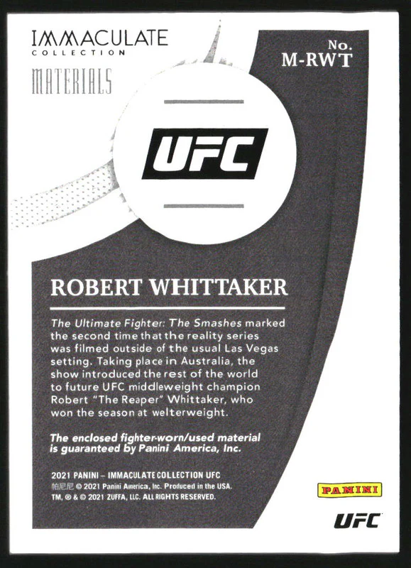 2021 Immaculate Collection UFC Materials Robert Whittaker /99 - Image 2
