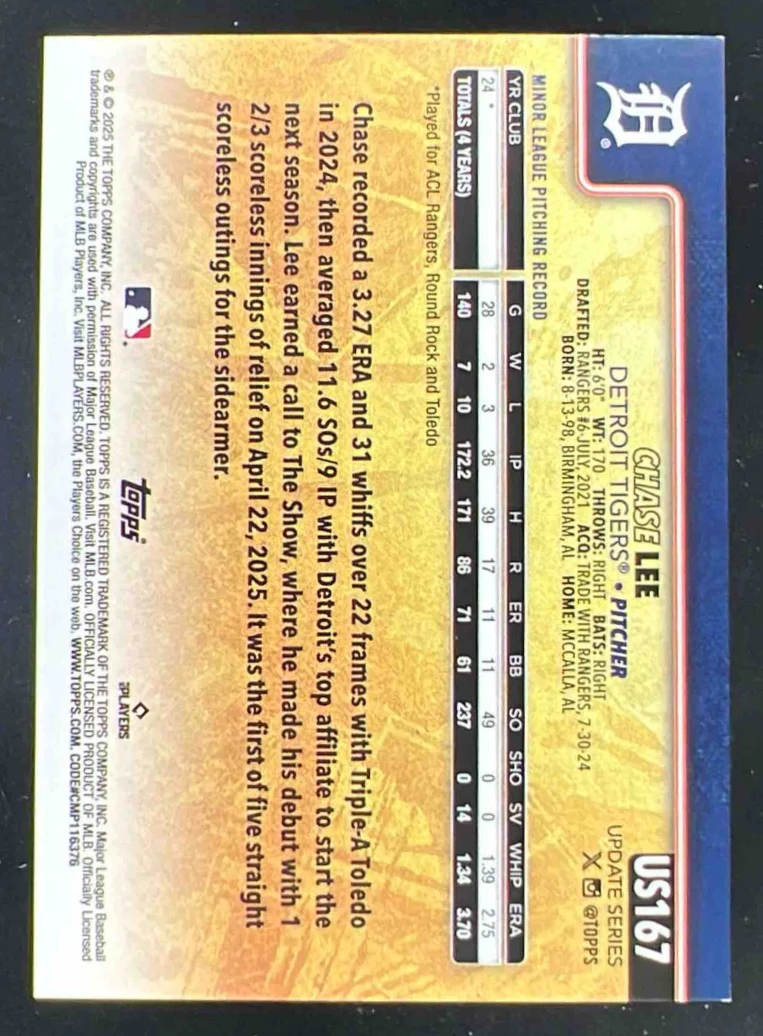 2025 Topps Update Golden Mirror Image Variation #US167 Chase Lee RC - Image 2