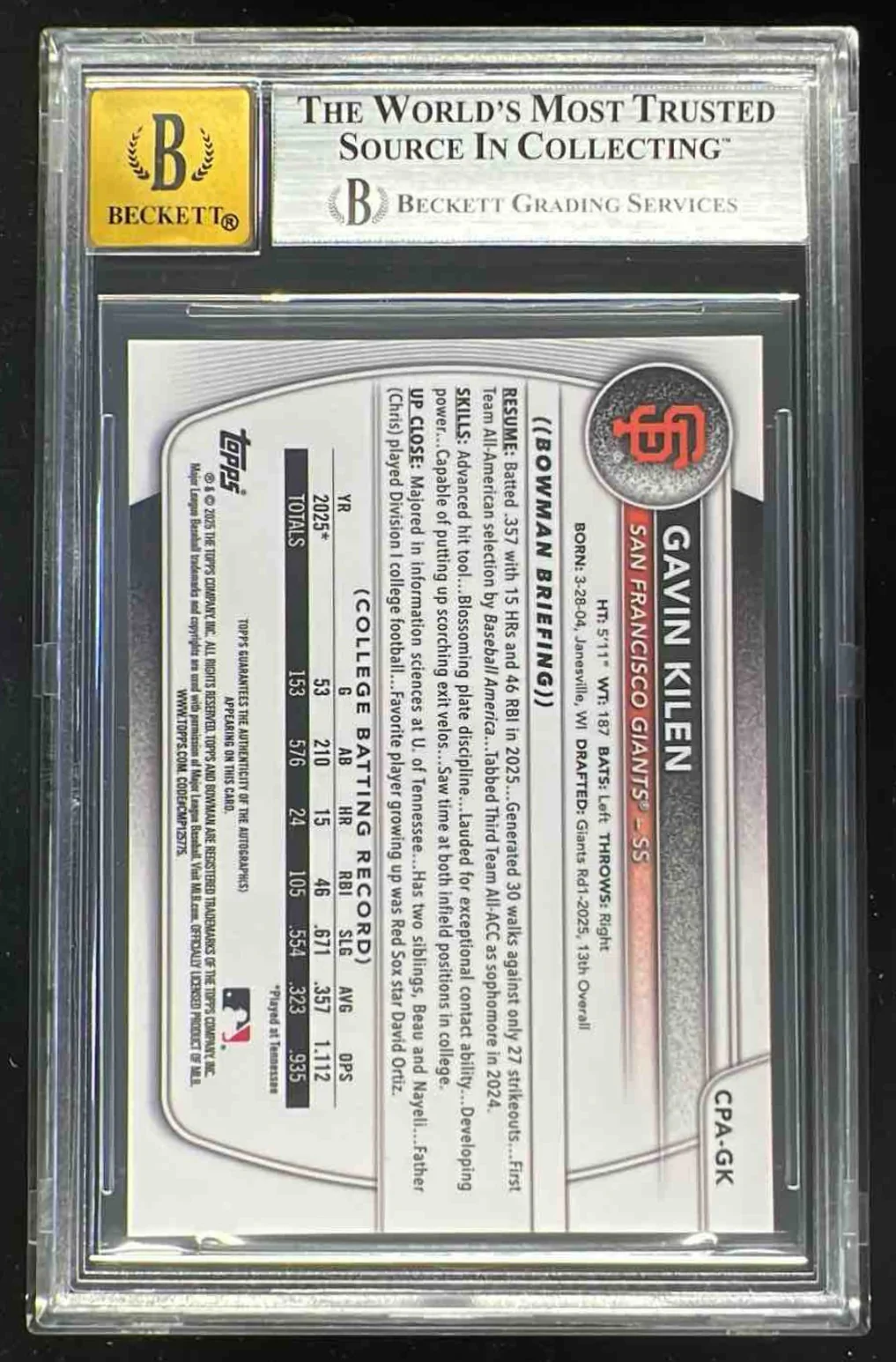 2025 Bowman Draft Chrome Red X-Fractor #CPA-GK Gavin Kilen RC Auto /5 BGS 9 - Image 2