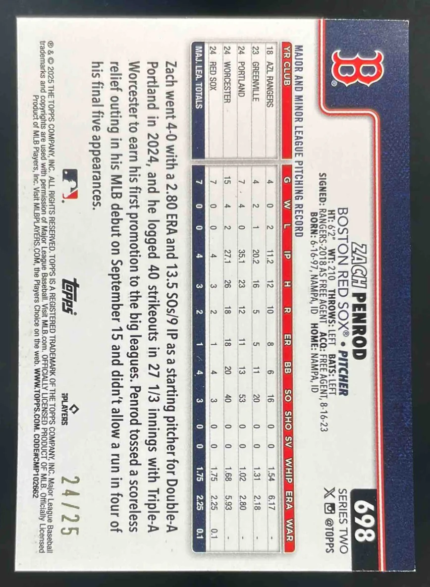 2025 Topps Wood #698 Zach Penrod RC /25 - Image 2