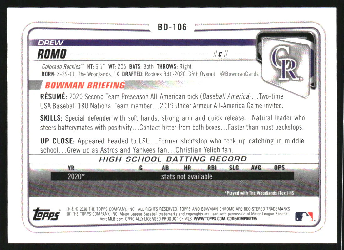 2020 Bowman Chrome Draft Gold Refractors #BD106 Drew Romo RC /50 - Image 2