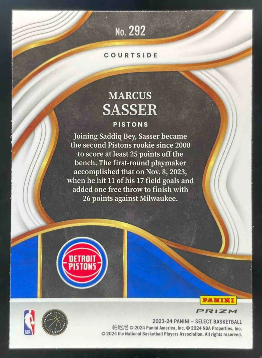 2023-24 Panini Select White Sparkle Prizm SSP #292 Marcus Sasser RC Courtside - Image 2