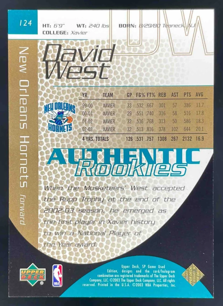 2003-04 SP Game Used Gold #124 David West RC /50 - Image 2