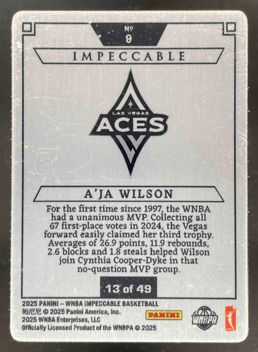 2025 Panini Impeccable WNBA Stainless Stars Blue #9 A'ja Wilson /49 - Image 2