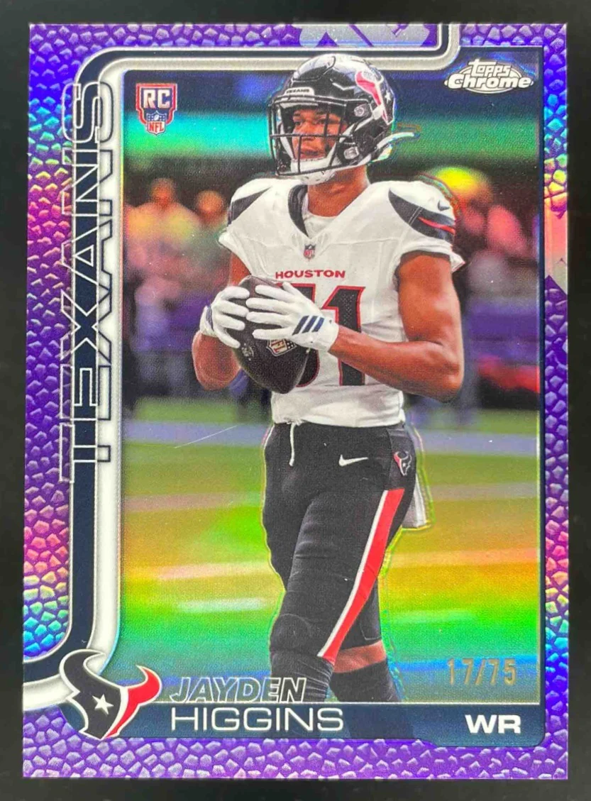 2025 Topps Chrome Rookie Football Leather Purple #343 Jayden Higgins RC /75