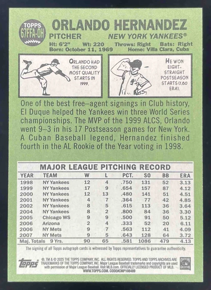 2025 Topps Archives 1967 Fan Favorites #67FFA-OH Orlando Hernandez Auto - Image 2
