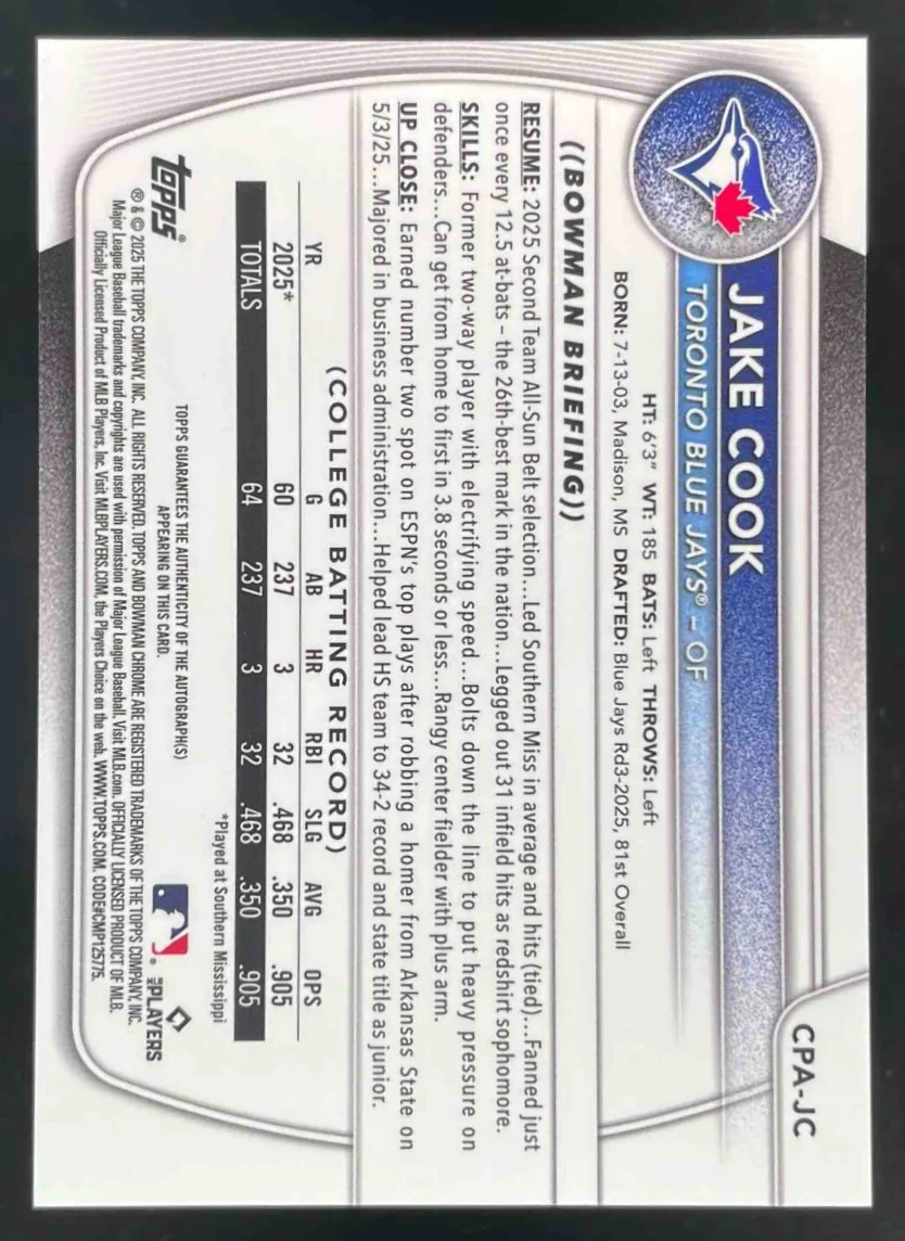 2025 Bowman Draft Chrome Prospect Aqua Lava #CPA-JC Jake Cook RC Auto /199 - Image 2