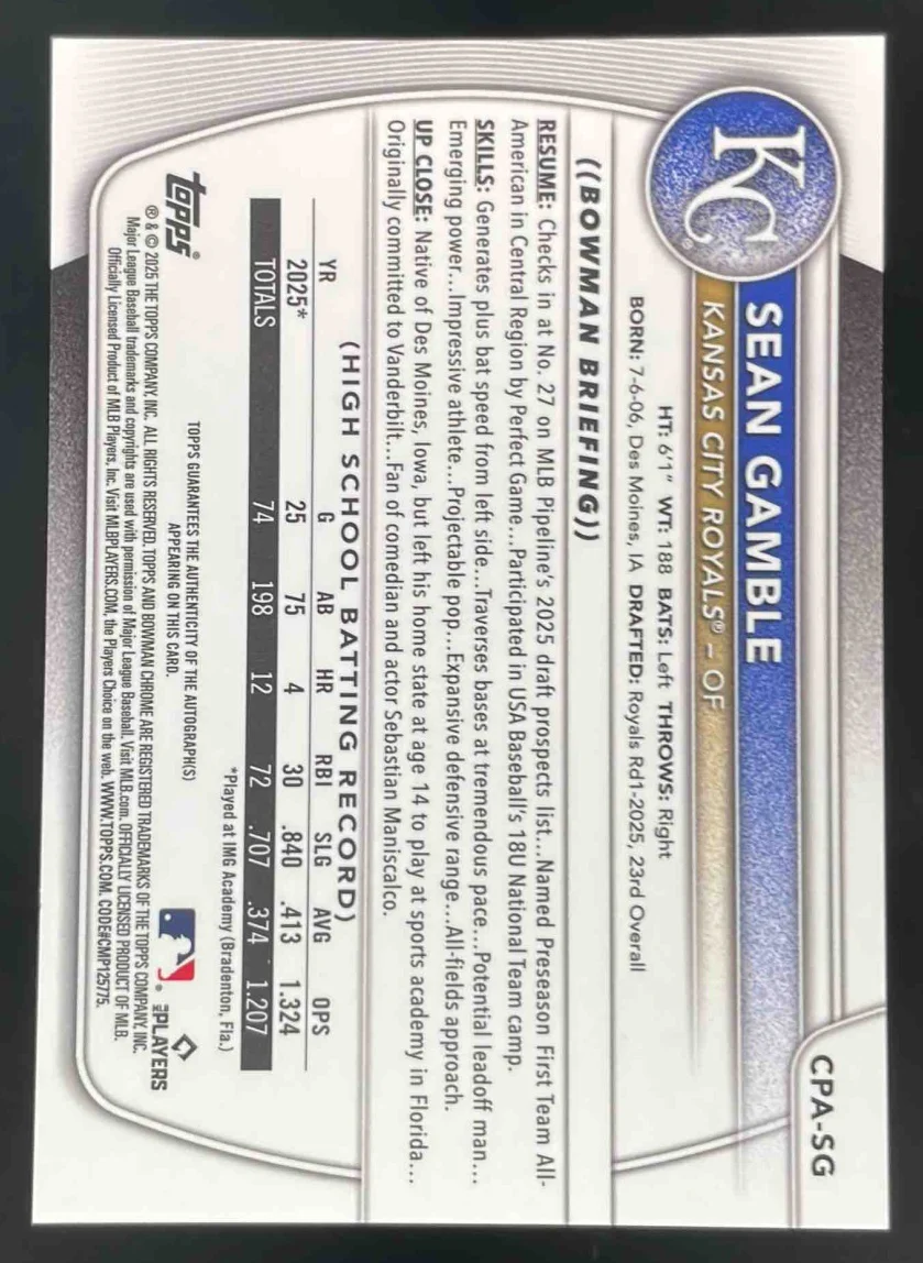 2025 Bowman Draft Chrome Prospect Autograph #CPA-SG Sean Gamble RC Auto - Image 2