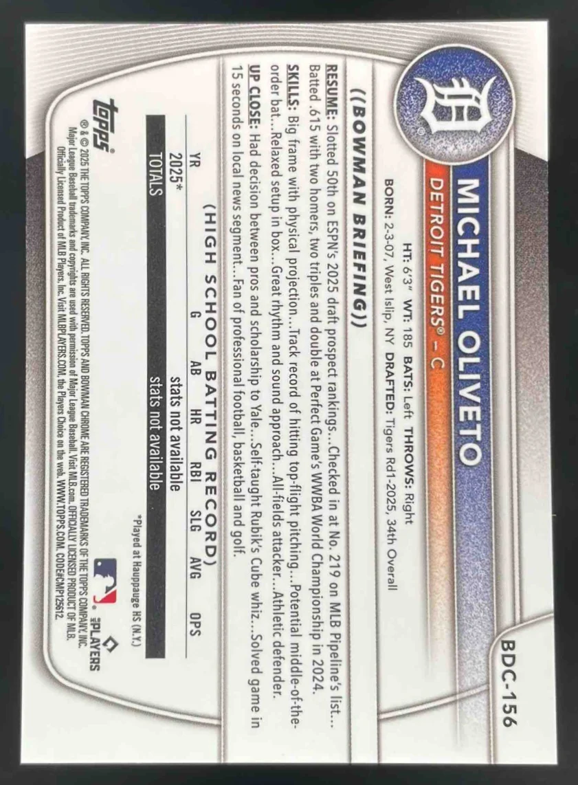 2025 Bowman Draft Chrome Bowman Logofractor #BDC-156 Michael Oliveto RC /35 - Image 2