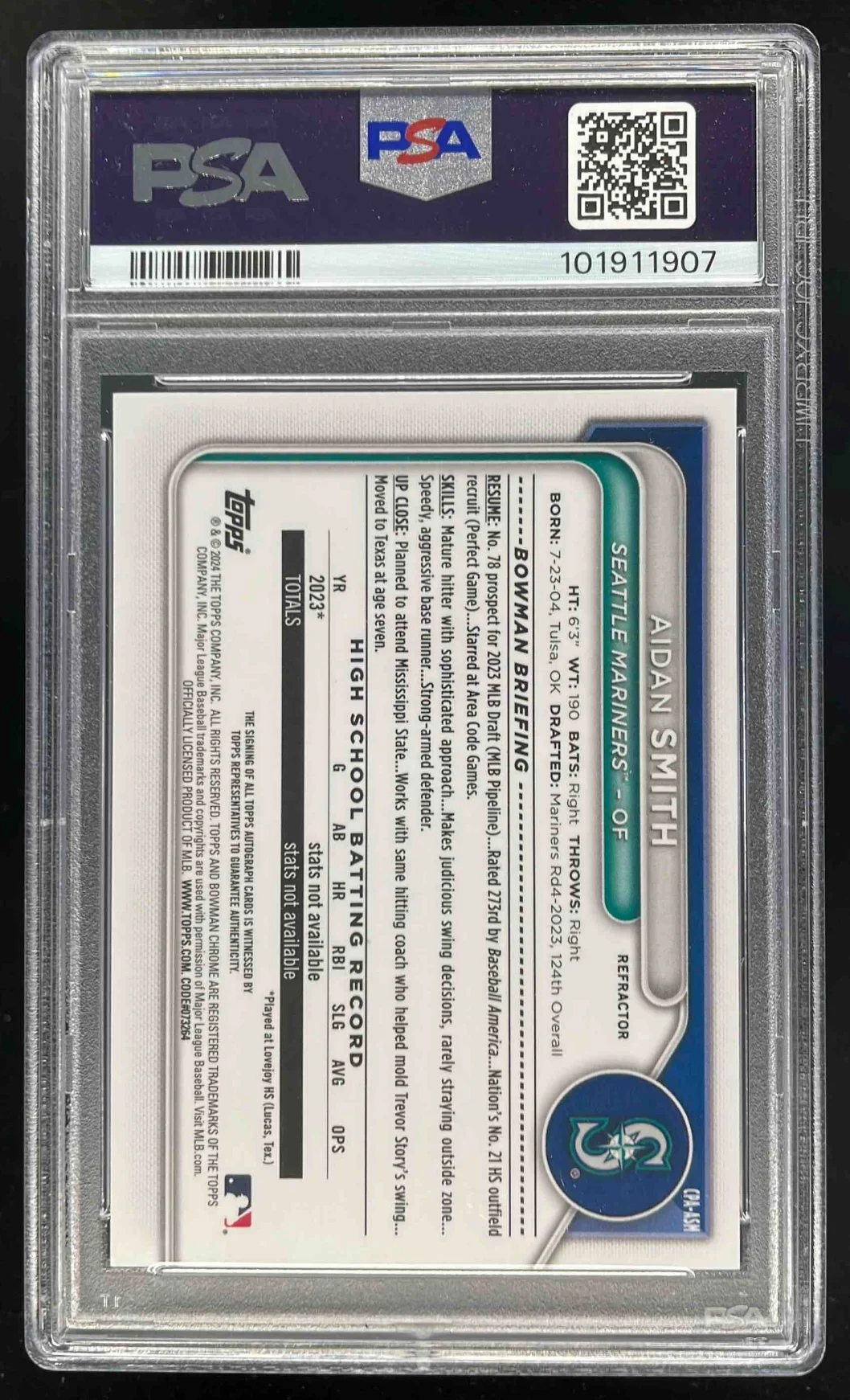 2024 Bowman Chrome Prospect #CPA-ASM Aidan Smith RC Auto /499 PSA 9 - Image 2