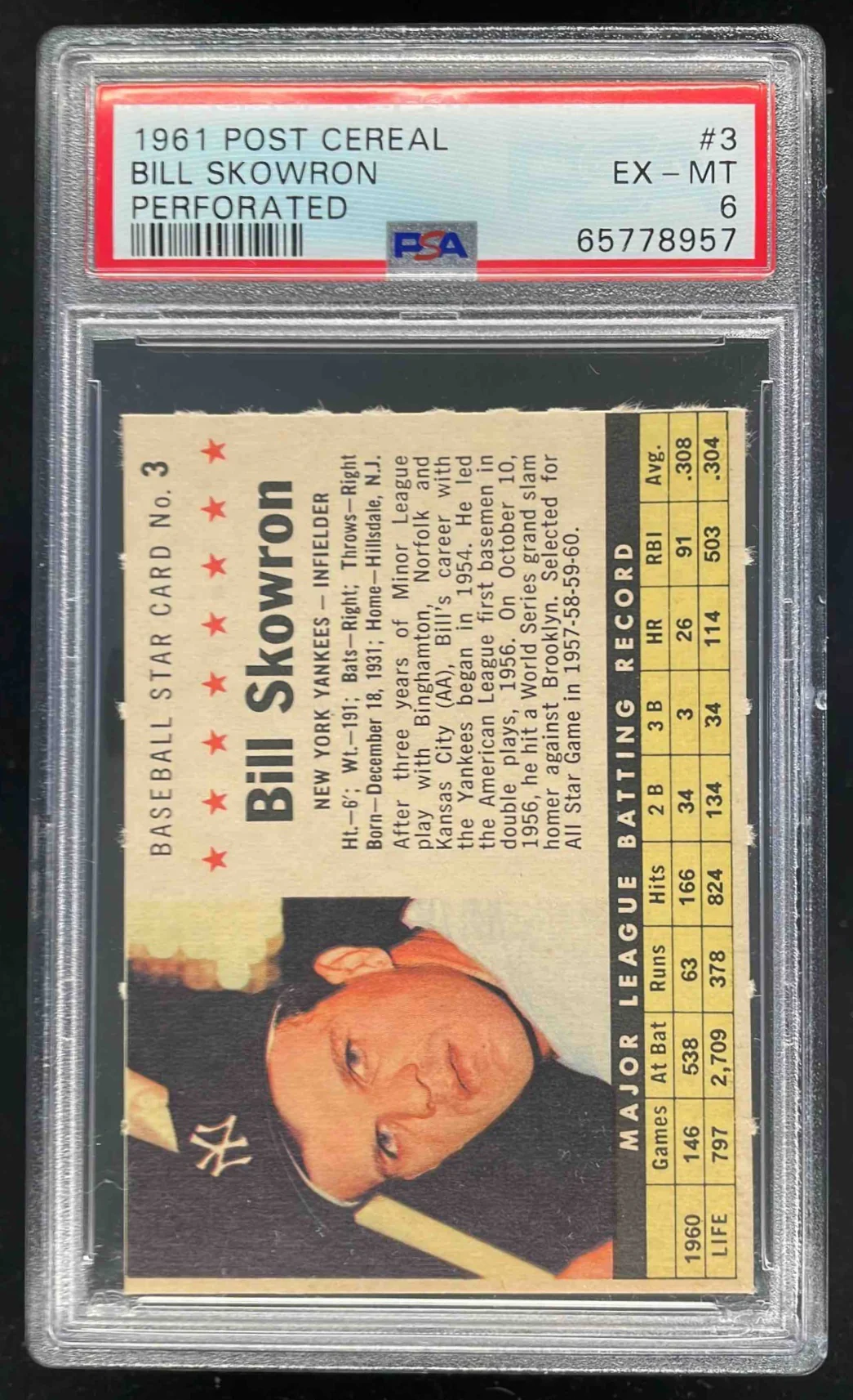 1961 Post Cereal Perforated #3 Bill Skowron UER PSA 6
