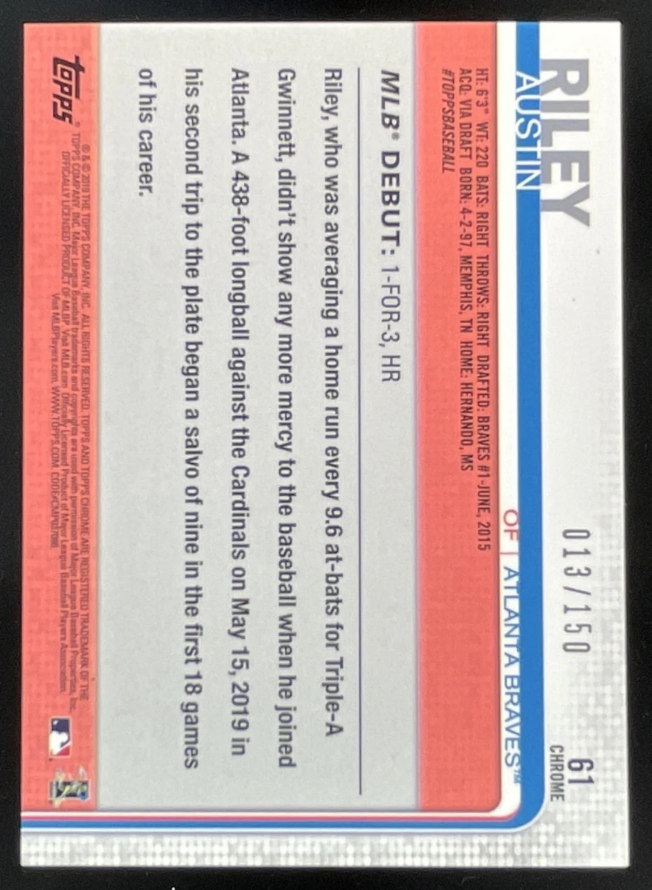 2019 Topps Chrome Update Blue Refractor #61 Austin Riley RC /150 - Image 2