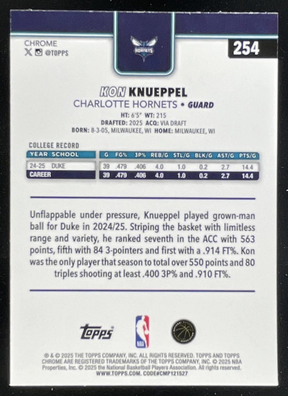 2025-26 Topps Chrome #254 Kon Knueppel RC - Image 2