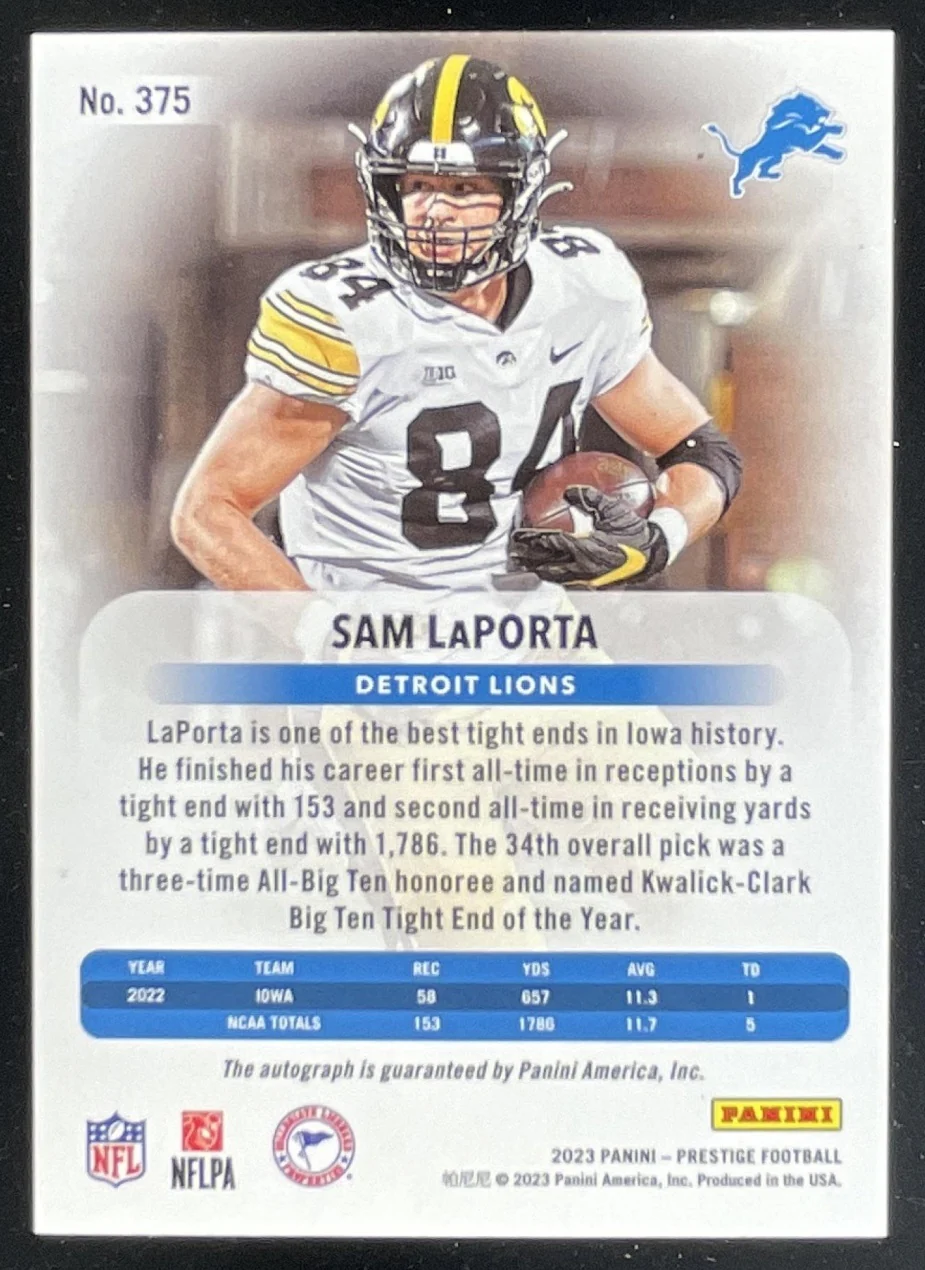 2023 Prestige Xtra Points Signatures Premium Blue #375 Sam LaPorta RC Auto /99 - Image 2