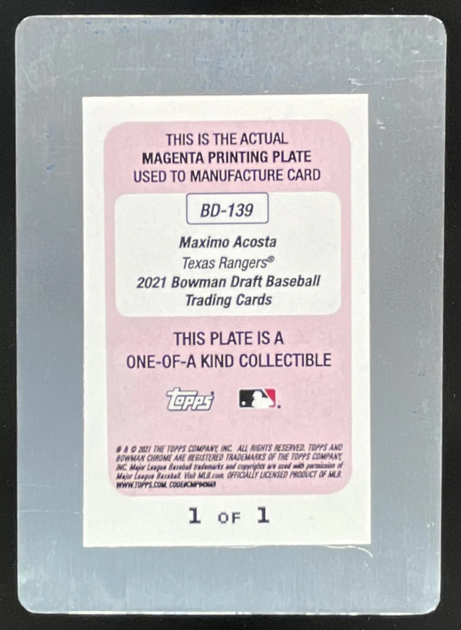 2021 Bowman Draft Printing Plate Magenta #BD-139 Maximo Acosta 1/1 - Image 2