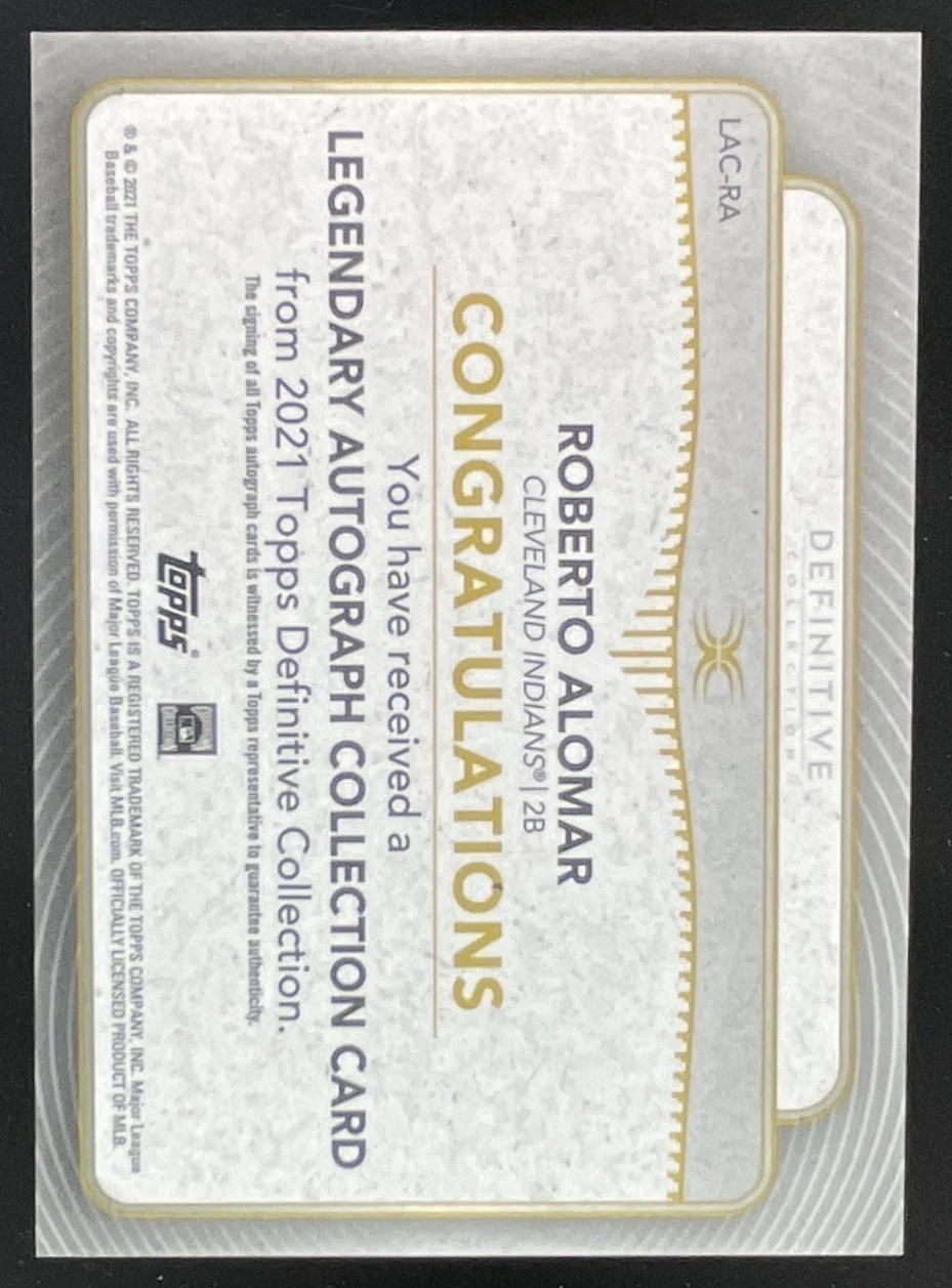 2021 Topps Definitive Legendary Collection Purple #LAC-RA Roberto Alomar Auto /5 - Image 2