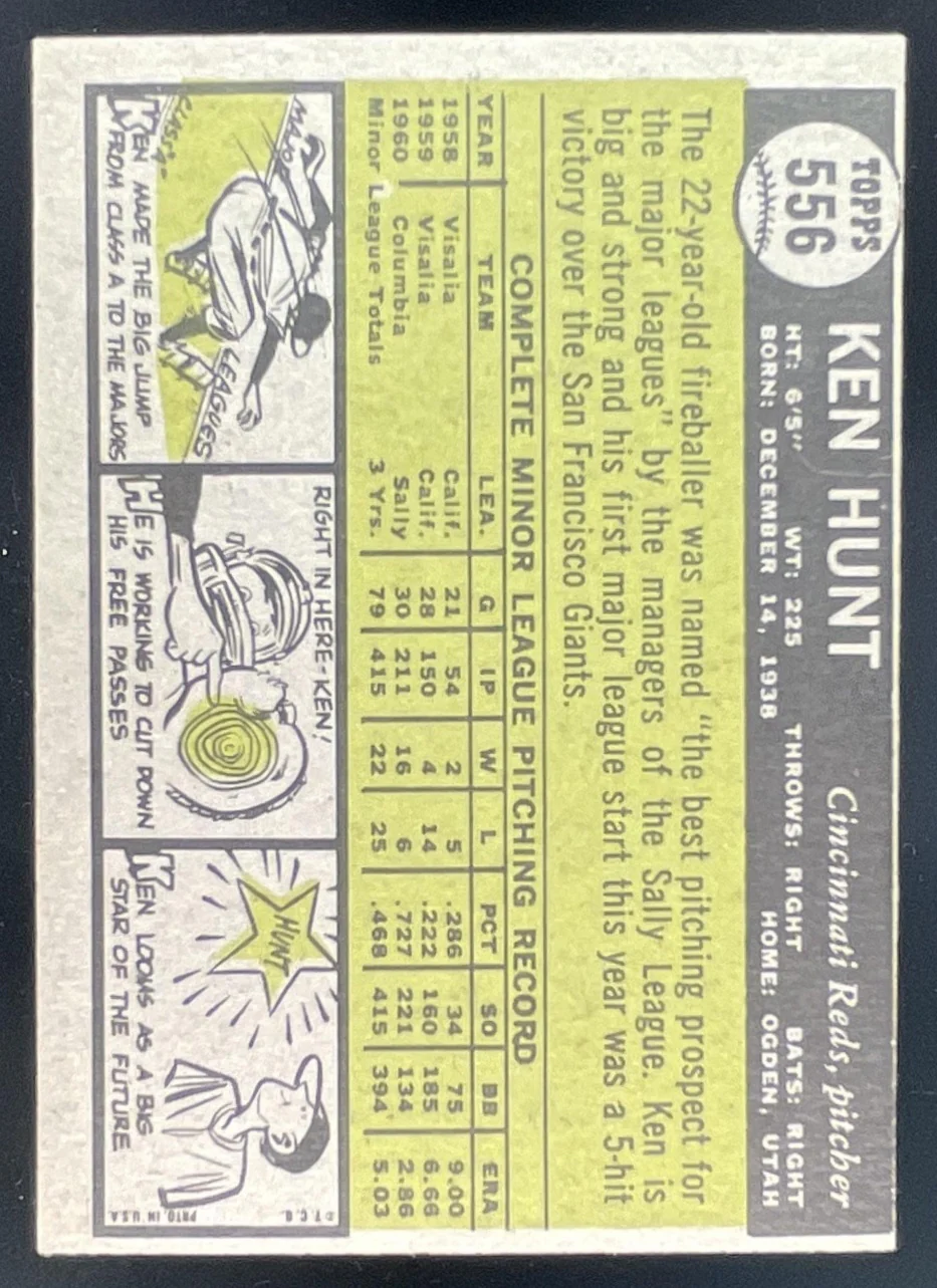 1961 Topps #556 Ken R. Hunt RC - Image 2