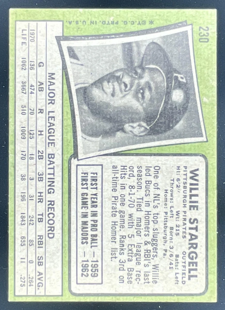 1971 Topps #230 Willie Stargell - Image 2
