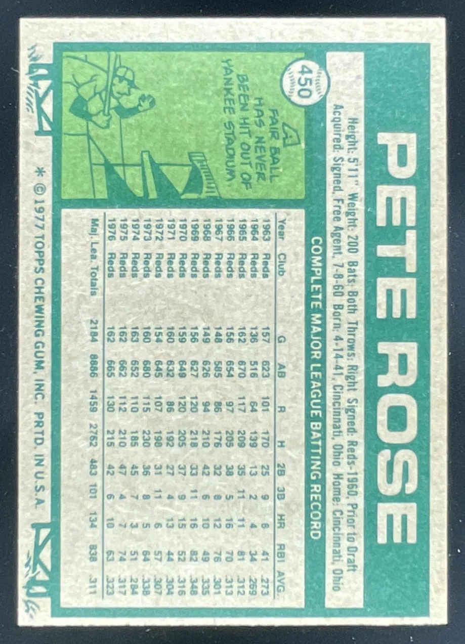 1977 Topps #450 Pete Rose All-Star - Image 2