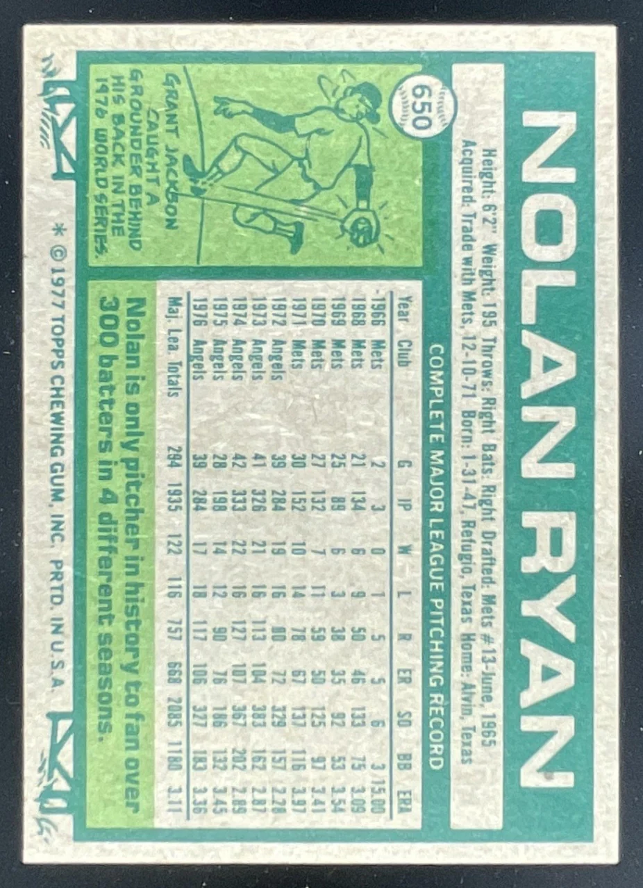 1977 Topps #650 Nolan Ryan - Image 2