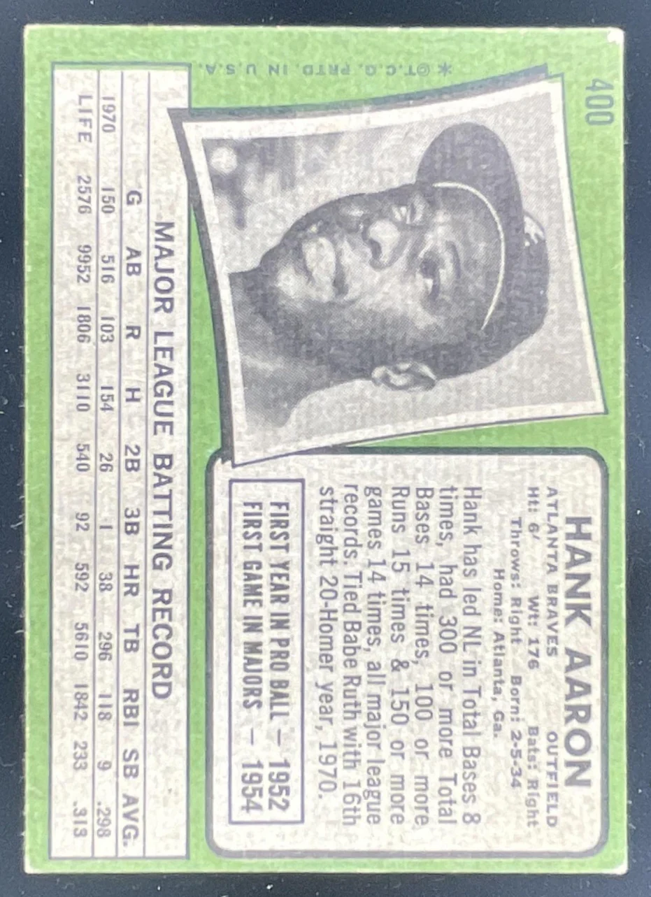 1971 Topps #400 Hank Aaron - Image 2