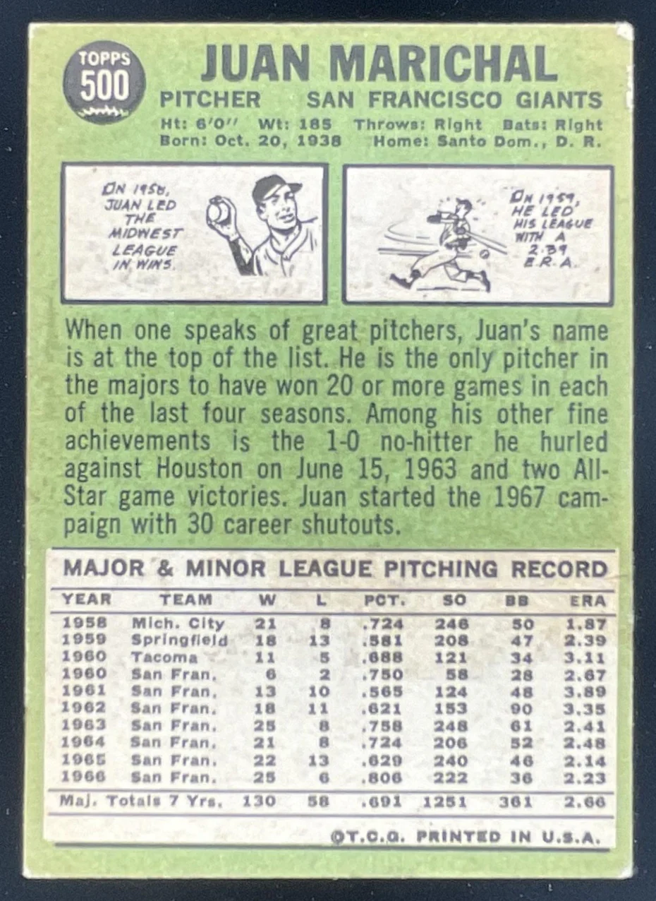 1967 Topps #500 Juan Marichal - Image 2