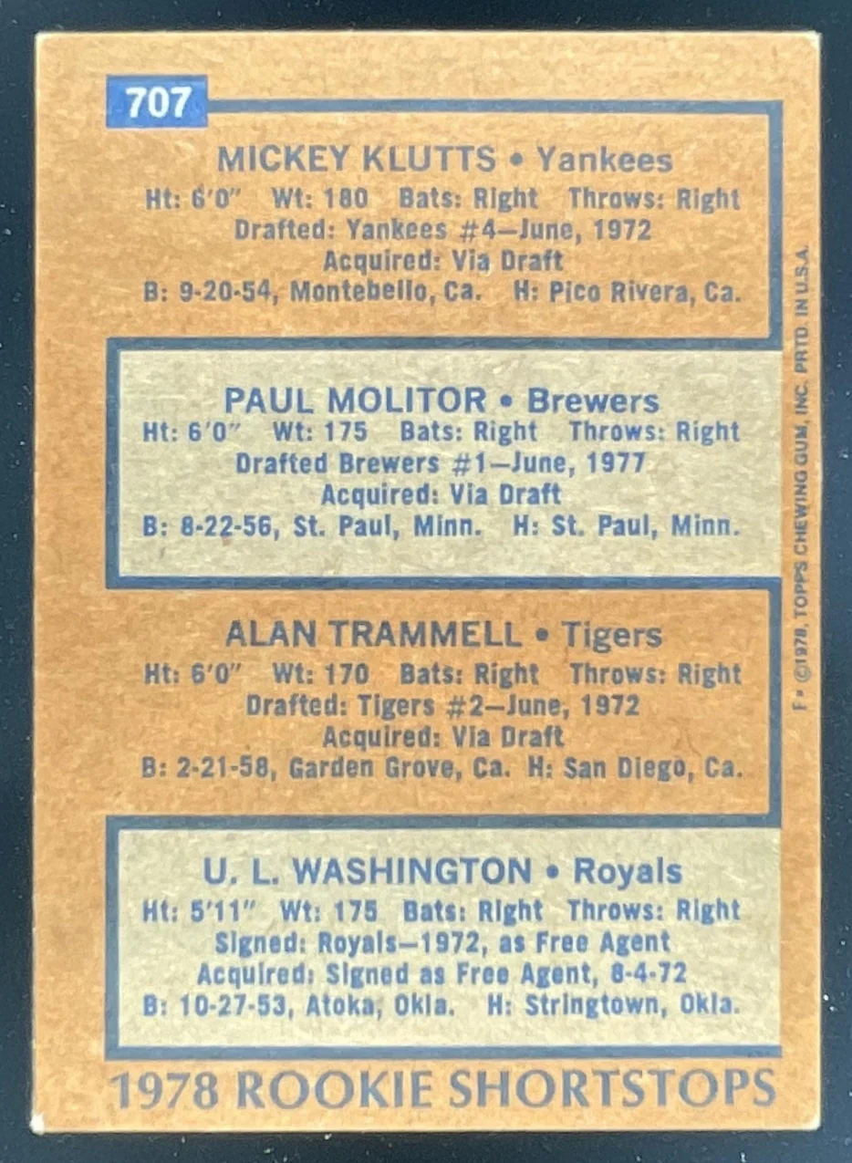 1978 Topps #707 Mickey Klutts Paul Molitor Alan Trammell U.L. Washington RC - Image 2