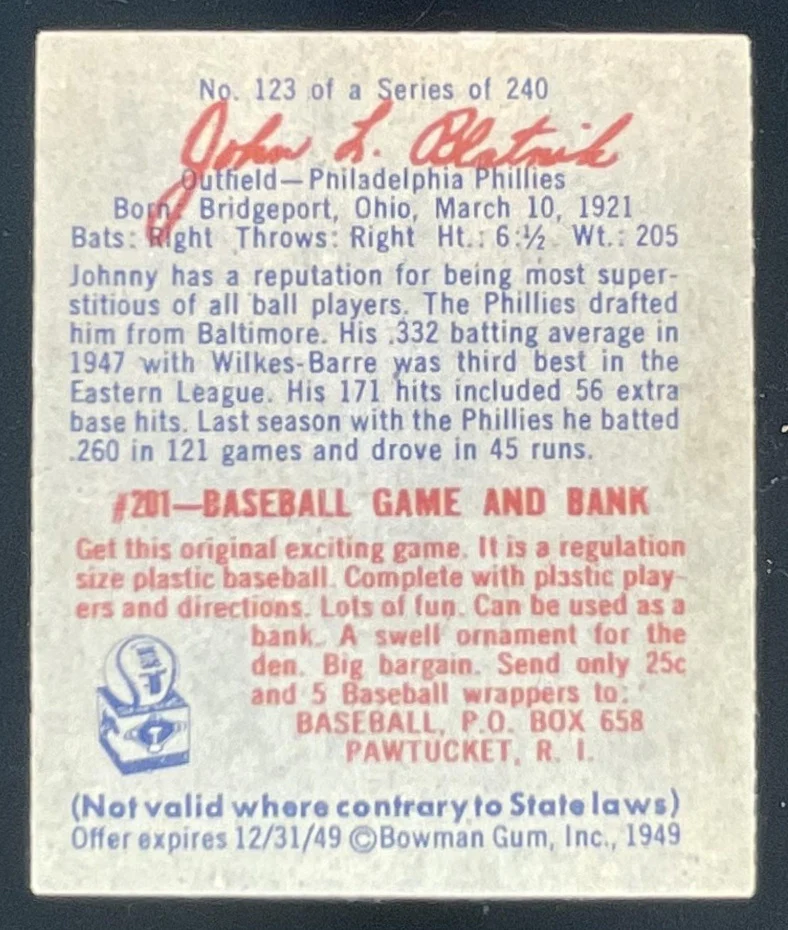 1949 Bowman #123 Johnny Blatnick - Image 2