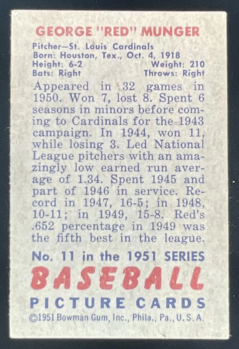 1951 Bowman #11 George "Red" Munger - Image 2