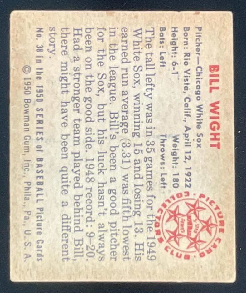 1950 Bowman #38 Bill Wight RC - Image 2