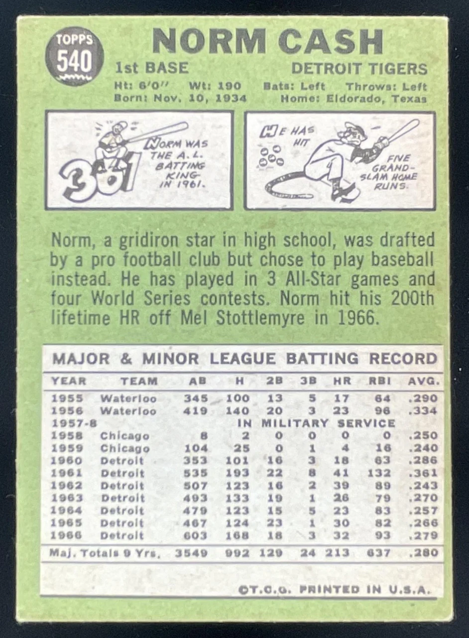 1967 Topps #540 Norm Cash - Image 2