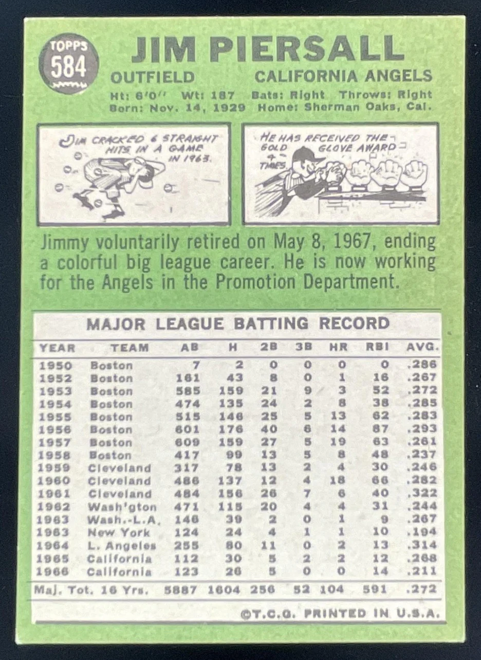 1967 Topps #584 Jim Piersall - Image 2