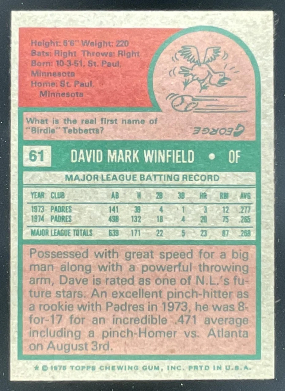 1975 Topps #61 Dave Winfield - Image 2
