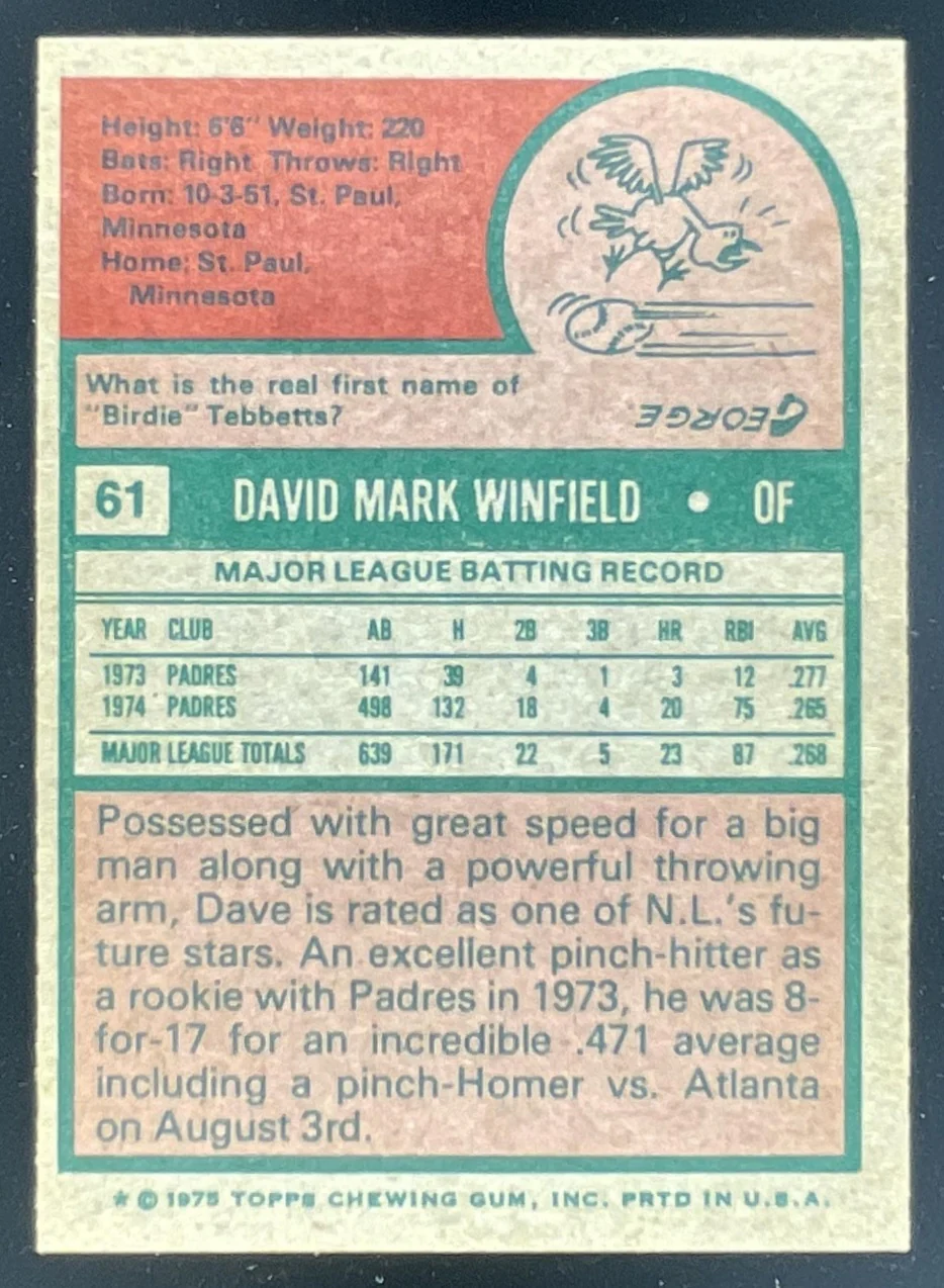 1975 Topps #61 Dave Winfield - Image 2