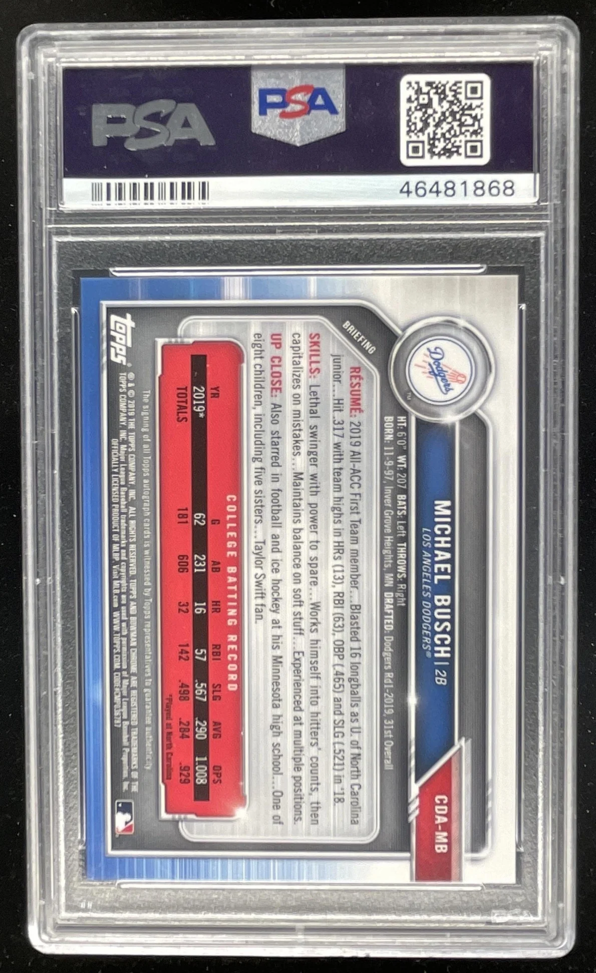 2019 Bowman Draft Chrome Pick Black #CDA-MB Michael Busch RC Auto /75 PSA 9 - Image 2