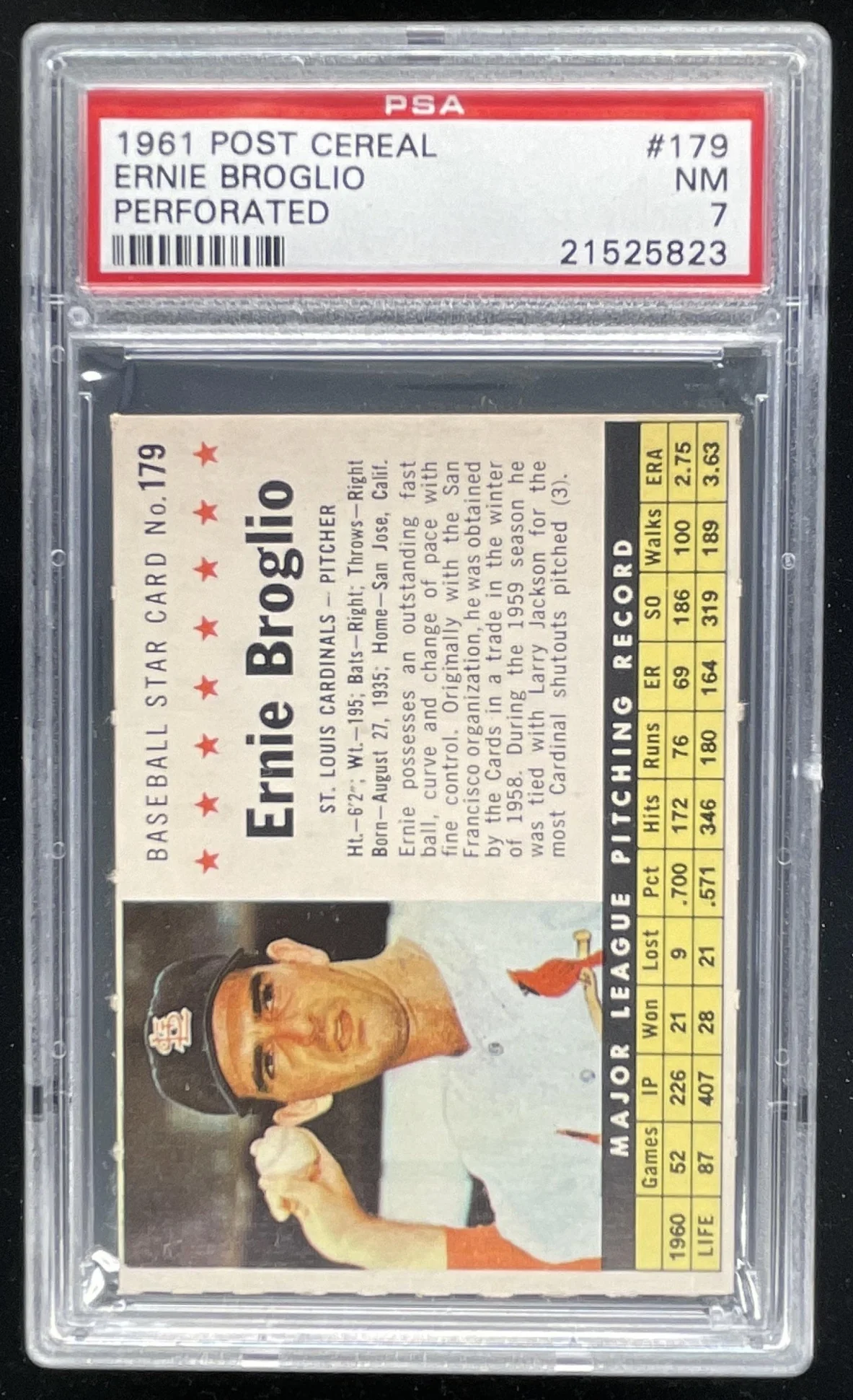 1961 Post Cereal Perforated #179 Ernie Broglio PSA 7