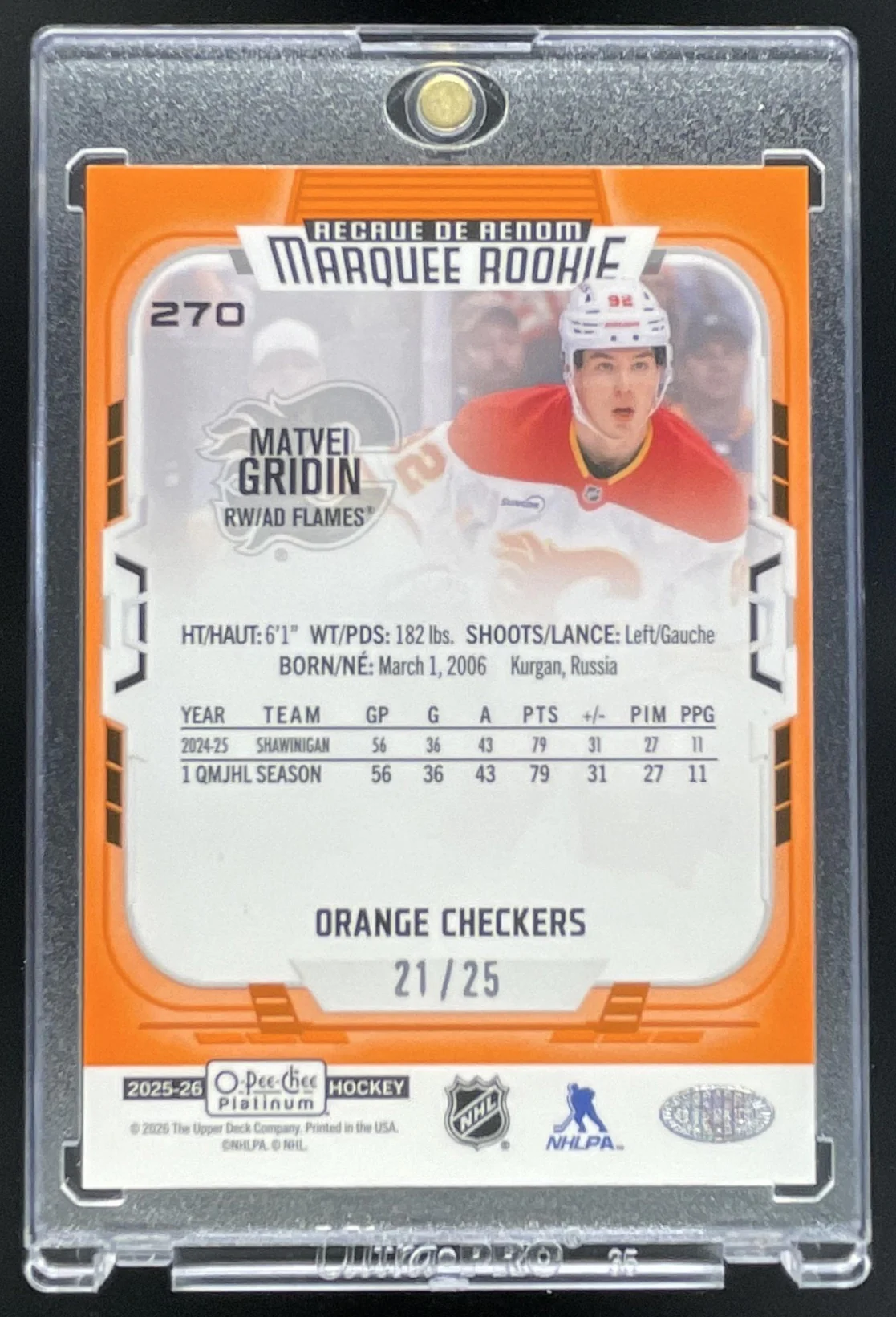 2025-26 O-Pee-Chee Platinum Orange Checkers #270 Matvei Gridin RC Rookie /25 - Image 2