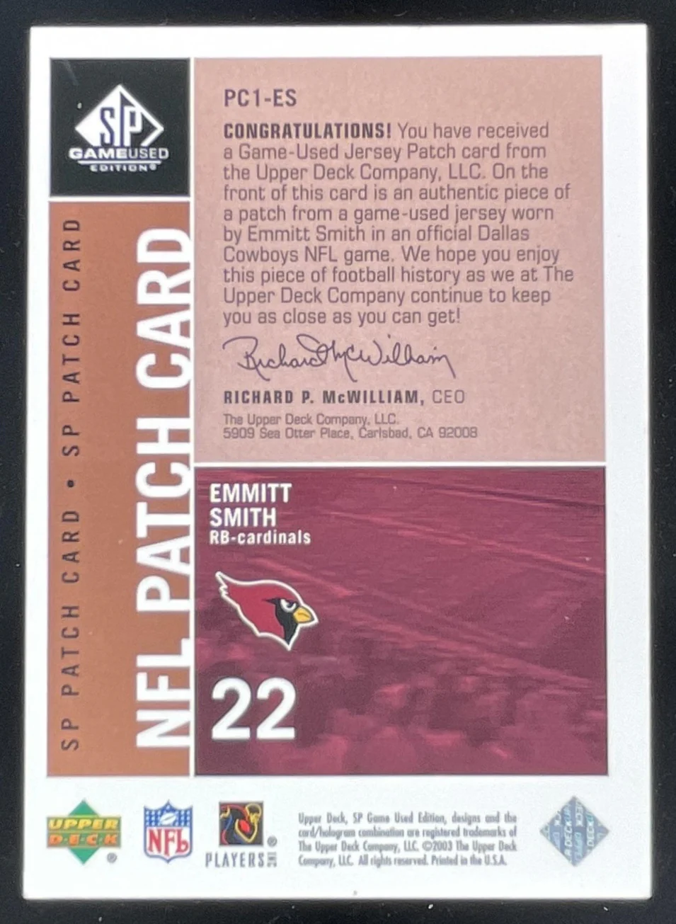 2003 SP Game Used SP Patches Single #PC1-ES Emmitt Smith /99 - Image 2
