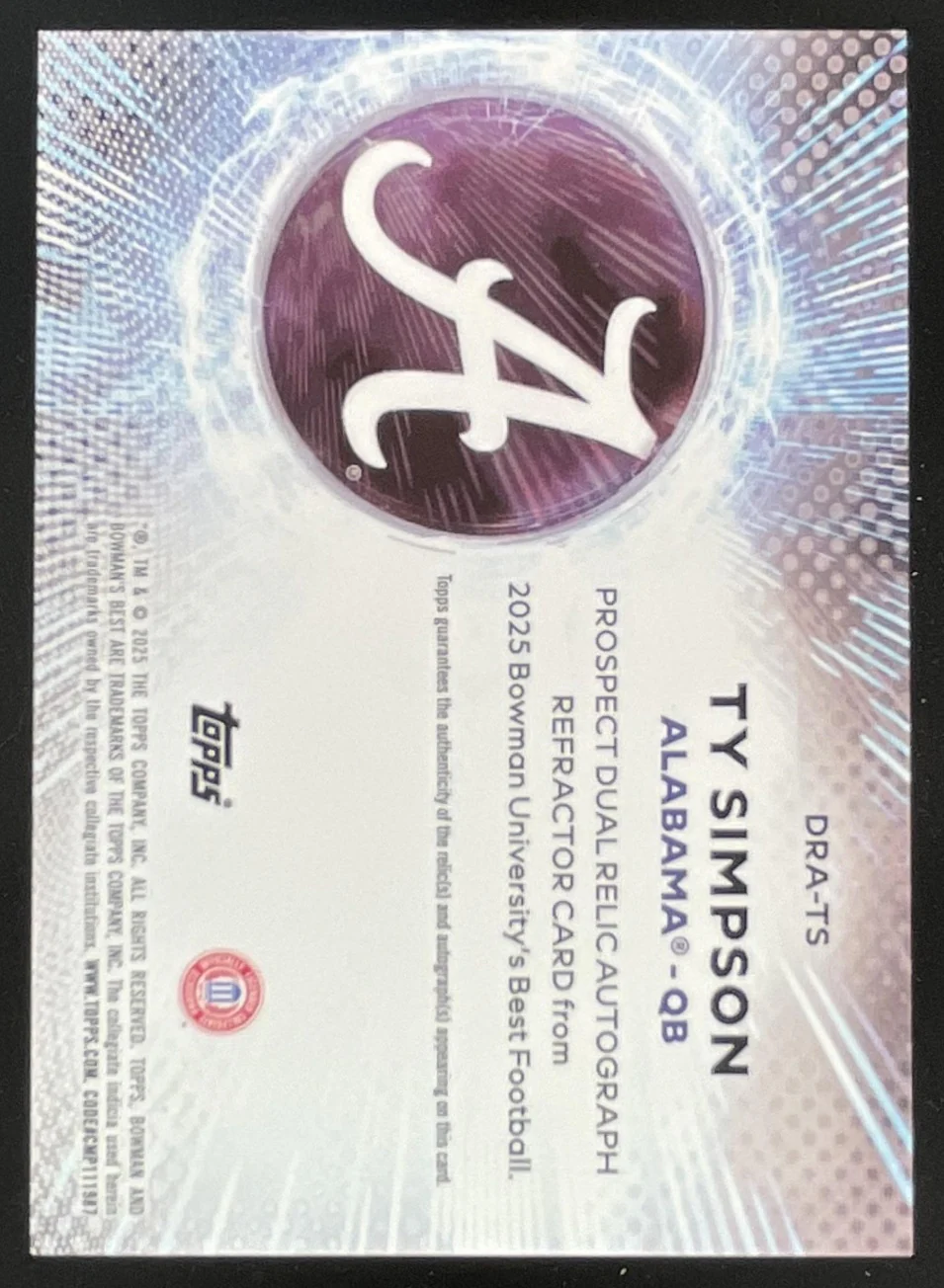 2025 Bowman Best University Prospect Dual Relic #DRA-TS Ty Simpson Auto - Image 2