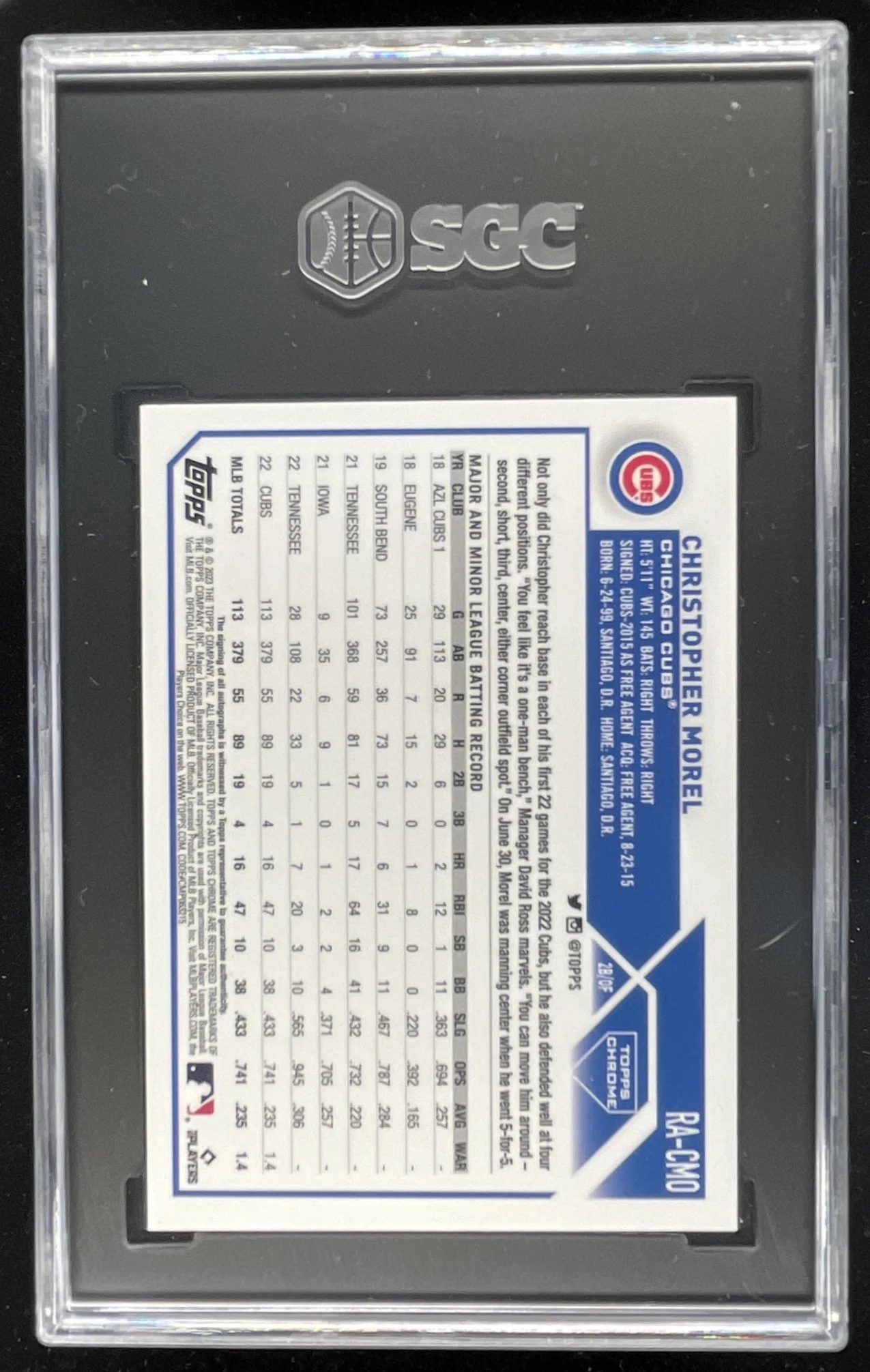 2023 Topps Chrome Blue #RA-CMO Christopher Morel RC Auto /150 SGC 9.5 - Image 2