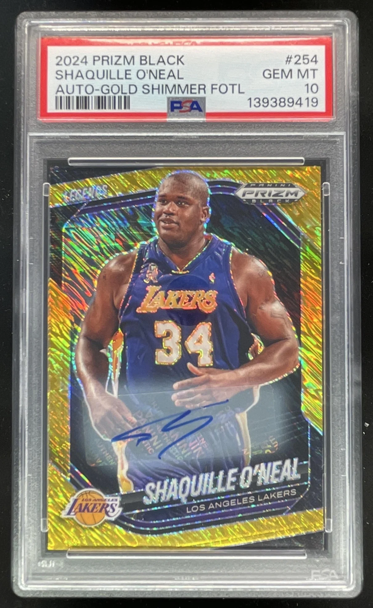 2024-25 Prizm Black Legends Gold Shimmer FOTL Shaquille O'Neal Auto /10 PSA 10
