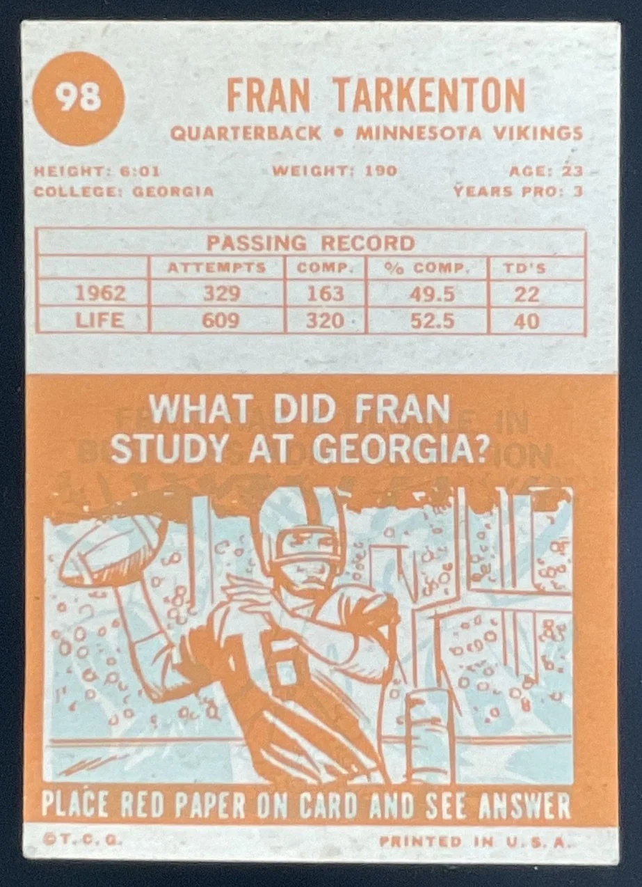 1963 Topps #98 Fran Tarkenton - Image 2