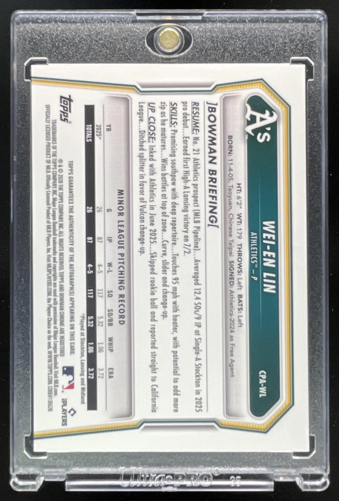 2026 Bowman Chrome Prospect Green Grass Refractor #CPA-WL Wei-En Lin RC Auto /99 - Image 2