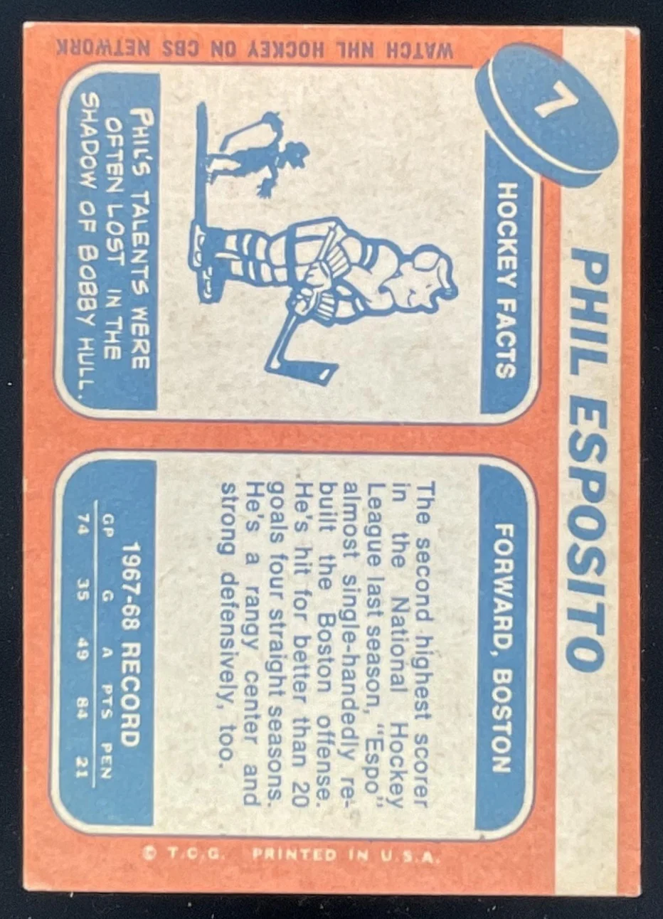 1968-69 Topps #7 Phil Esposito - Image 2