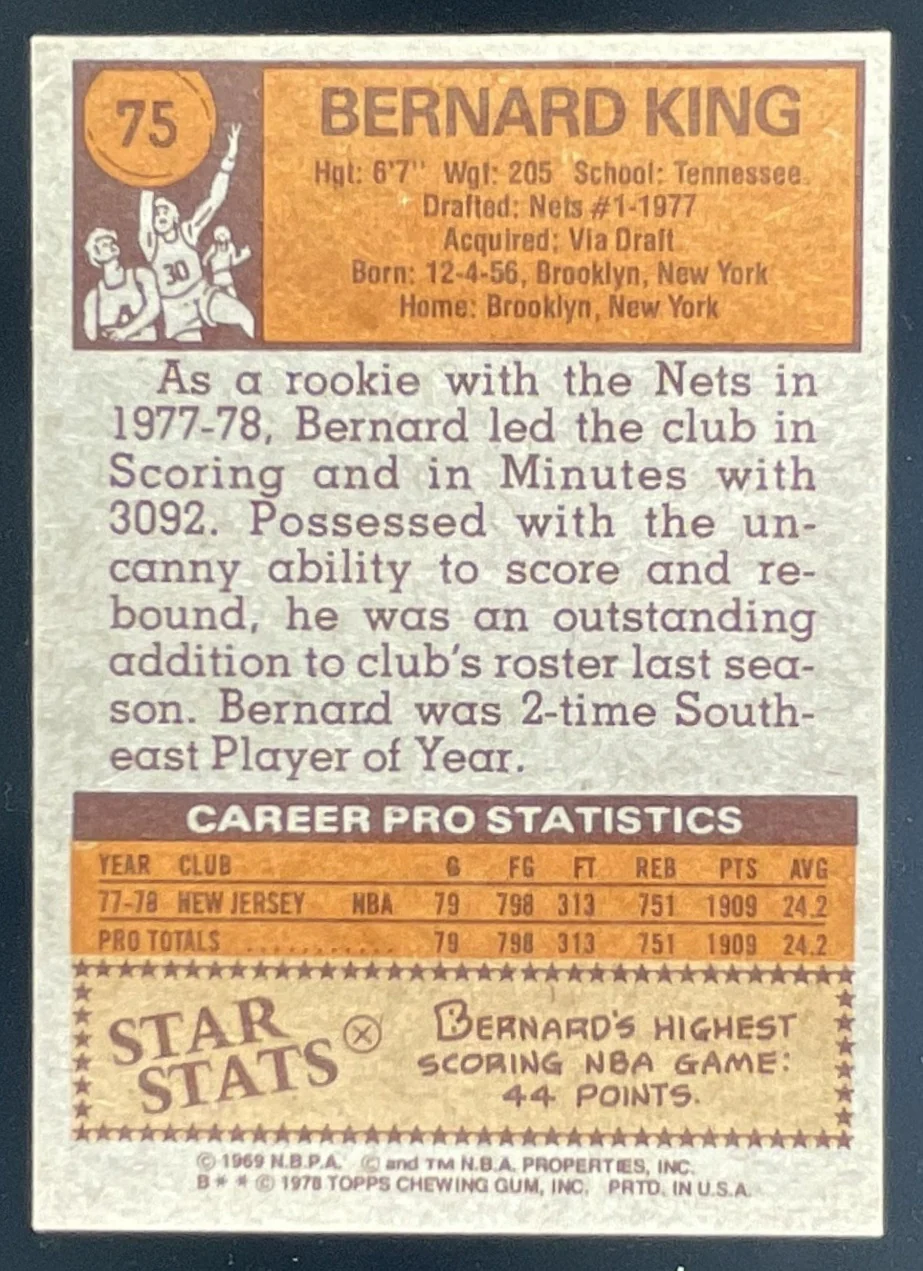 1978-79 Topps #75 Bernard King RC - Image 2