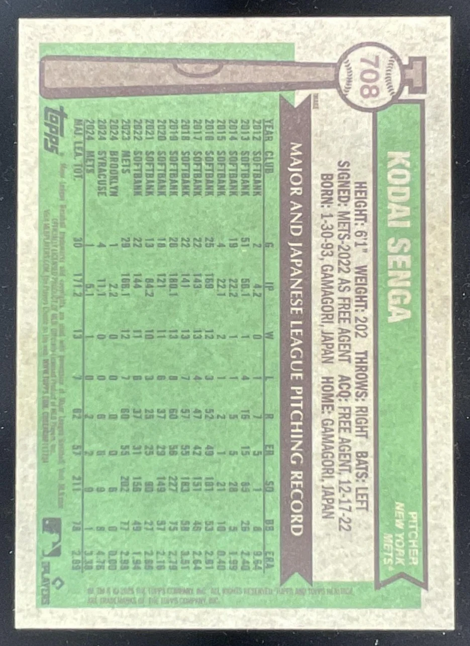 2025 Topps Heritage High Number Chrome Short Prints #708 Kodai Senga SP - Image 2