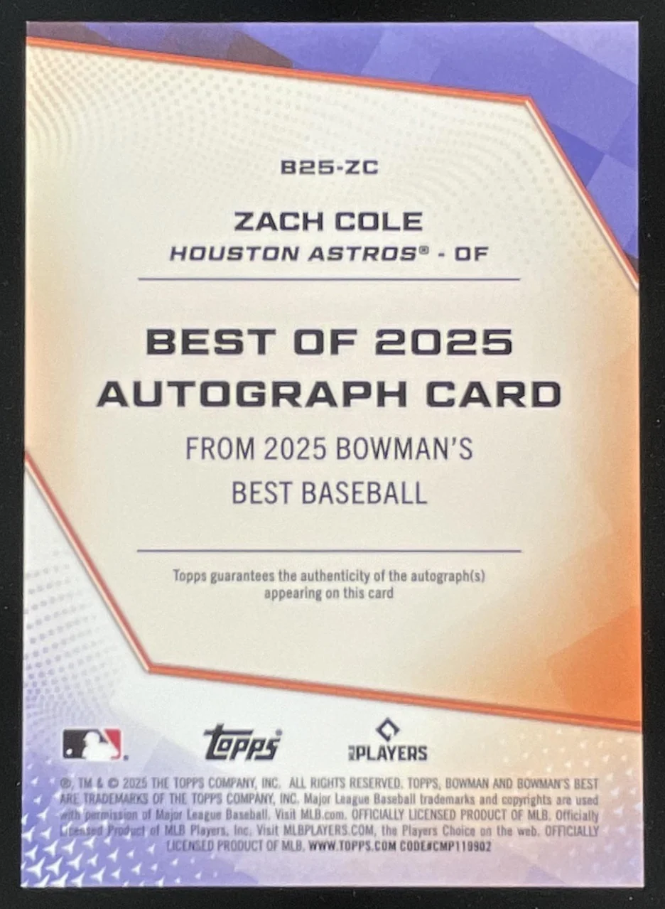 2025 Bowman Bowman's Best of 2025 Autographs #B25-ZC Zach Cole Auto - Image 2