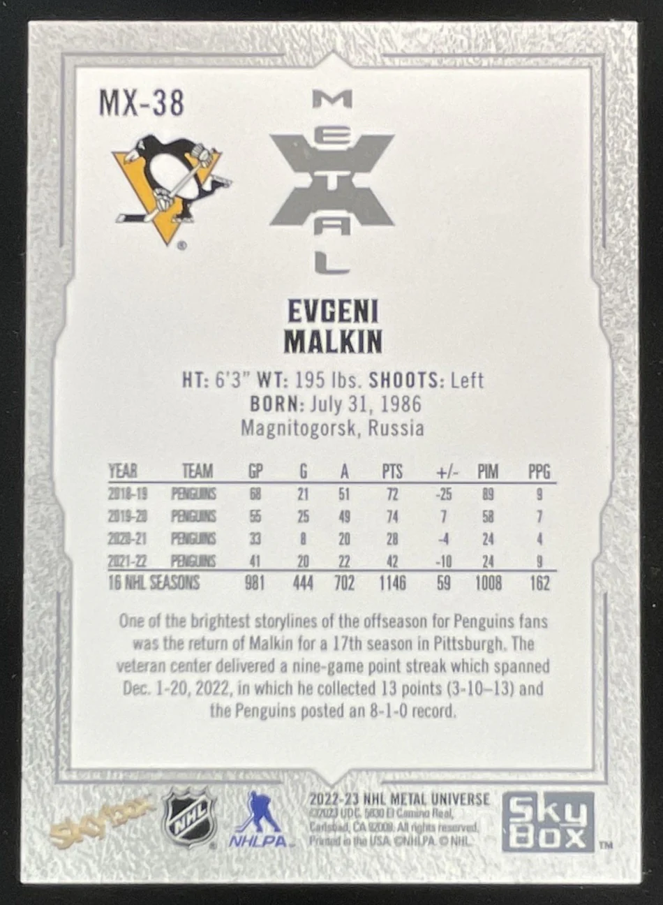 2022-23 Skybox Metal Universe Metal X #MX-38 Evgeni Malkin - Image 2