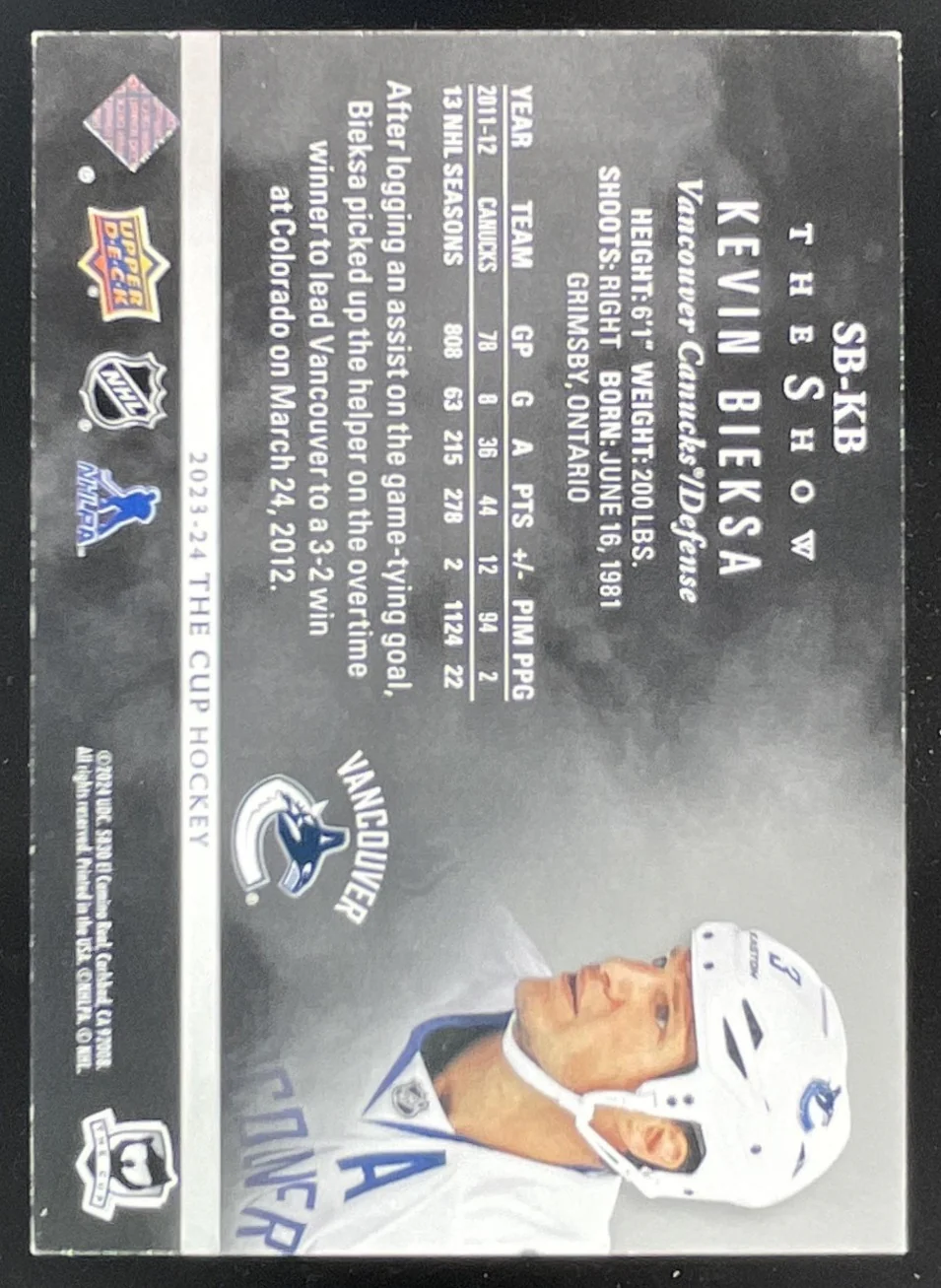 2023-24 Upper Deck The Cup The Show Black #SB-KB Kevin Bieksa /99 - Image 2